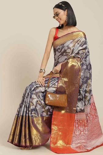 Silk Land  Navy Blue  Embellished Brocade Saree 