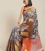 Silk Land  Navy Blue  Embellished Brocade Saree 
