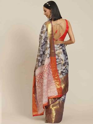 Silk Land  Navy Blue  Embellished Brocade Saree  2