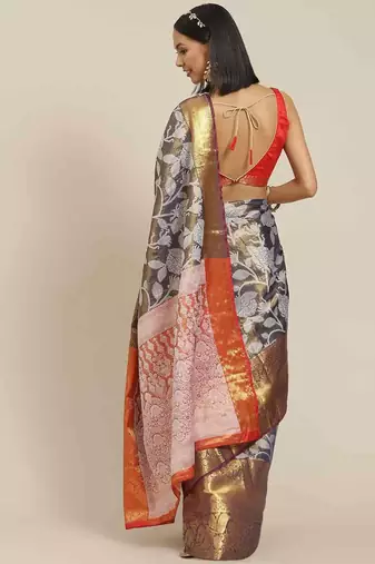 Silk Land  Navy Blue  Embellished Brocade Saree 