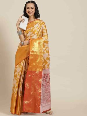 Silk Land  Orange  Embellished Brocade Saree  1