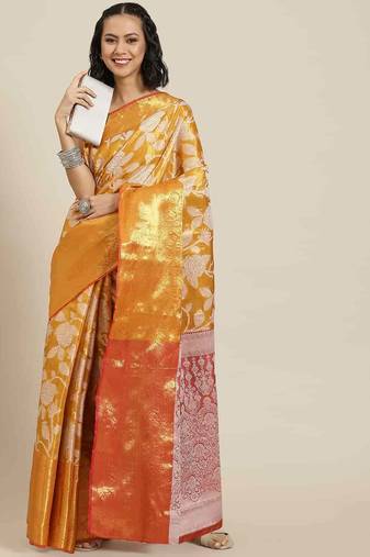 Silk Land  Orange  Embellished Brocade Saree 
