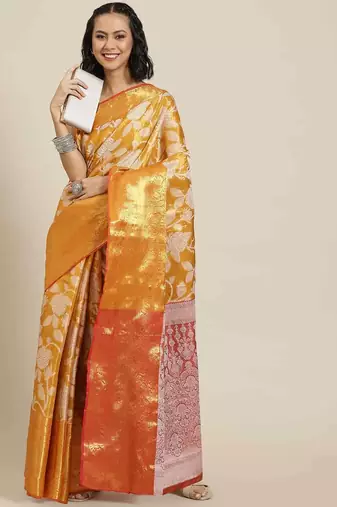 Silk Land  Orange  Embellished Brocade Saree 