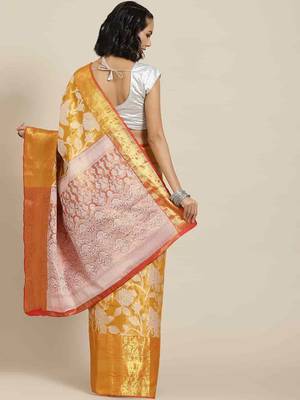 Silk Land  Orange  Embellished Brocade Saree  2