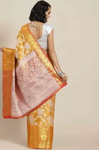 Silk Land  Orange  Embellished Brocade Saree 
