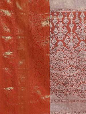 Silk Land  Orange  Embellished Brocade Saree  3
