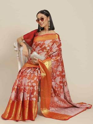 Silk Land  Red  Embellished Brocade Saree  1