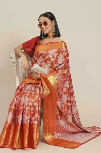 Silk Land  Red  Embellished Brocade Saree 