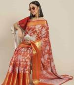 Silk Land  Red  Embellished Brocade Saree 