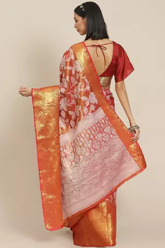 Silk Land  Red  Embellished Brocade Saree 
