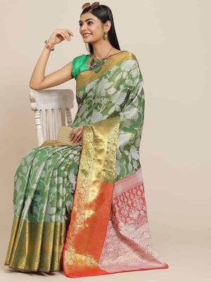 Silk Land  Green  Embellished Brocade Saree  1