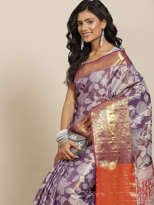 Silk Land  Purple  Embellished Brocade Saree  1