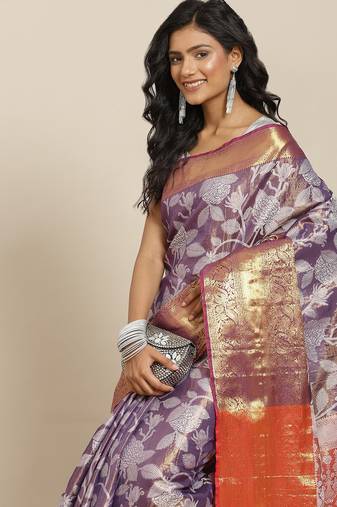 Silk Land  Purple  Embellished Brocade Saree 