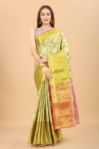 Silk Land  Lime Green  Woven Design Brocade Saree 