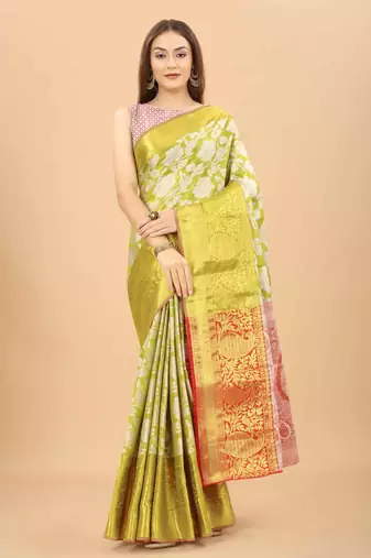 Silk Land  Lime Green  Woven Design Brocade Saree 