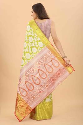 Silk Land  Lime Green  Woven Design Brocade Saree  2