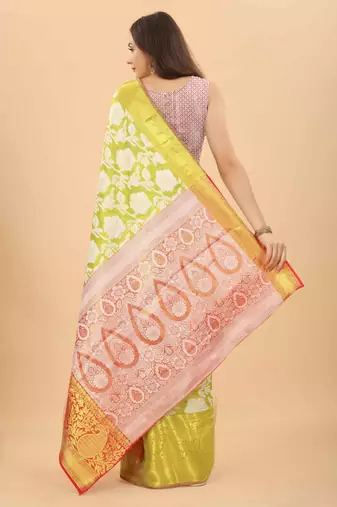 Silk Land  Lime Green  Woven Design Brocade Saree 