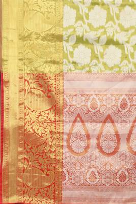 Silk Land  Lime Green  Woven Design Brocade Saree  3