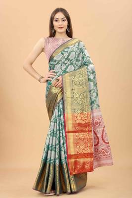 Silk Land  Teal  Woven Design Brocade Saree  1