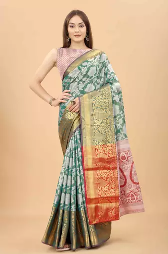 Silk Land  Teal  Woven Design Brocade Saree 