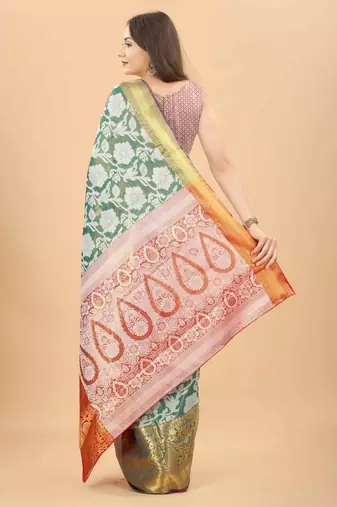 Silk Land  Teal  Woven Design Brocade Saree 
