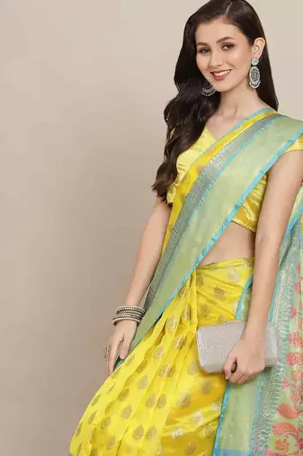 Silk Land  Yellow  Woven Design Art Silk Saree 
