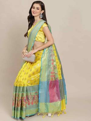 Silk Land  Yellow  Woven Design Art Silk Saree  2