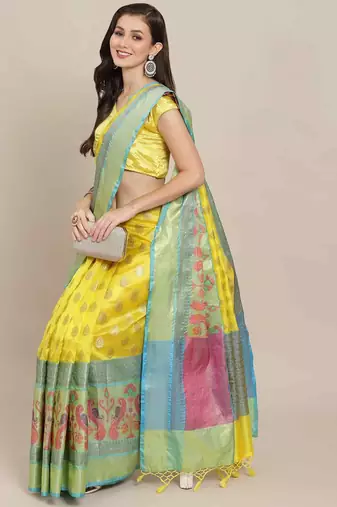 Silk Land  Yellow  Woven Design Art Silk Saree 
