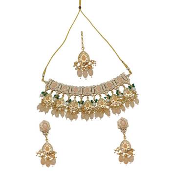Gold plated traditional kundan pearl choker jewellery set for women 2