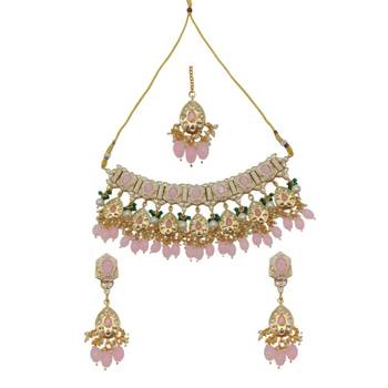 Gold plated traditional kundan pearl choker jewellery set for women 2