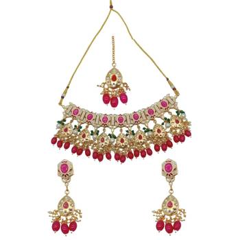 Gold plated traditional kundan pearl choker jewellery set for women 2