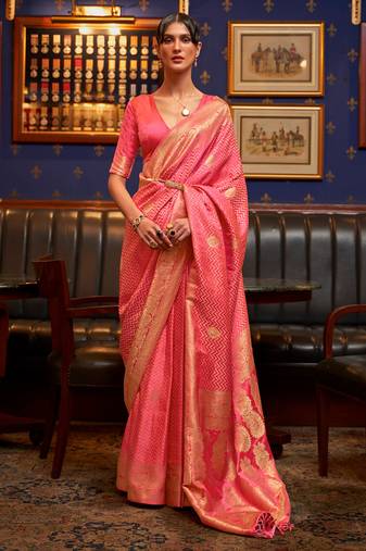 Pink Classic Wear Satin Silk Geometric Tassels And Latkans Saree With Blouse For Women