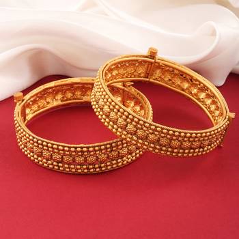 Floral Design Golden Brass Bangles Set of 2 For Women 1