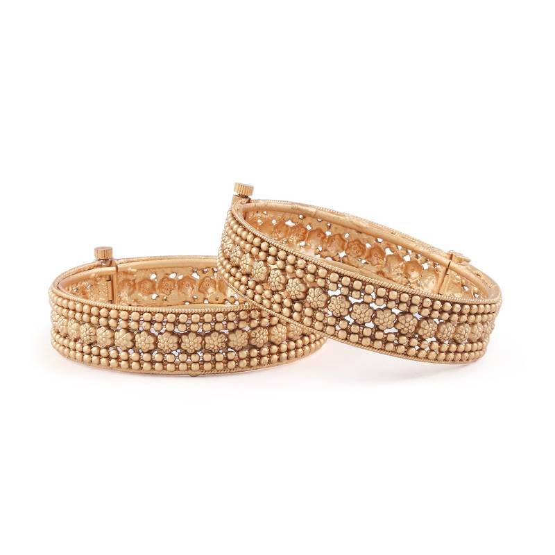 Floral Design Golden Brass Bangles Set of 2 For Women