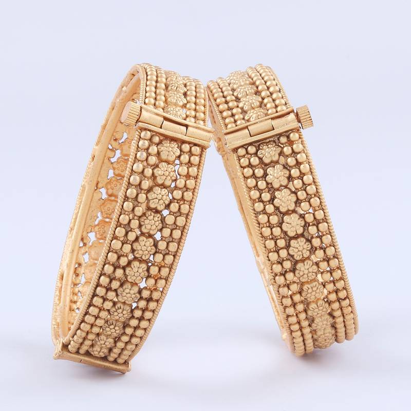 Floral Design Golden Brass Bangles Set of 2 For Women