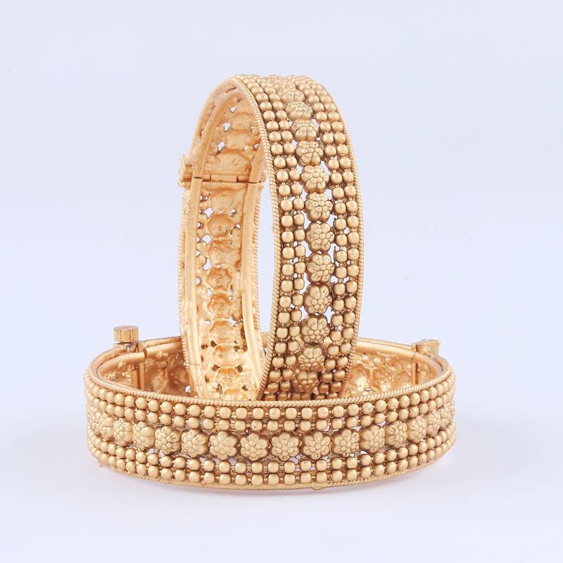 Floral Design Golden Brass Bangles Set of 2 For Women