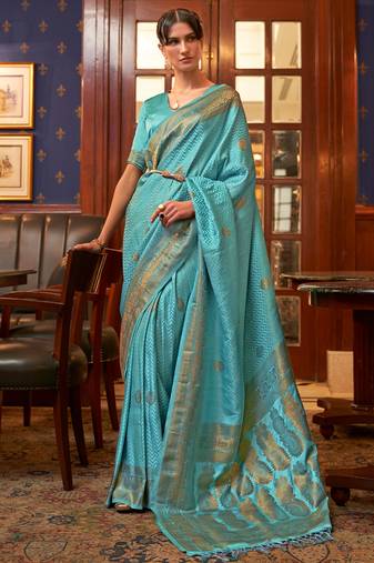 Firozi Classic Wear Satin Silk Geometric Tassels And Latkans Saree With Blouse For Women
