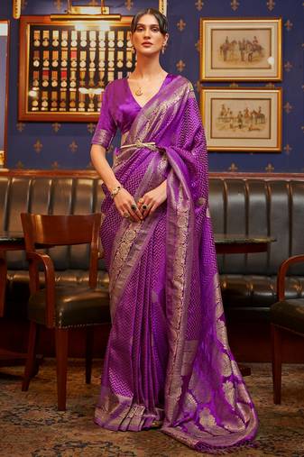 Purple Classic Wear Satin Silk Geometric Tassels And Latkans Saree With Blouse For Women