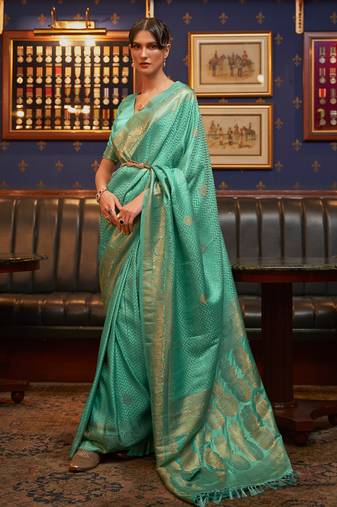 Sea Green Classic Wear Satin Silk Geometric Tassels And Latkans Saree With Blouse For Women