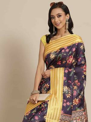 Silk Land  Navy Blue  Printed Art Silk Saree  1