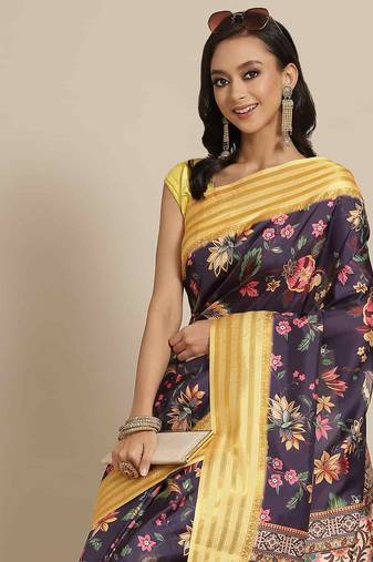 Silk Land  Navy Blue  Printed Art Silk Saree 