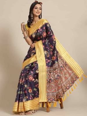 Silk Land  Navy Blue  Printed Art Silk Saree  2