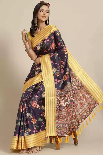 Silk Land  Navy Blue  Printed Art Silk Saree 