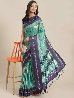 Silk Land  Teal  Printed Art Silk Saree  1