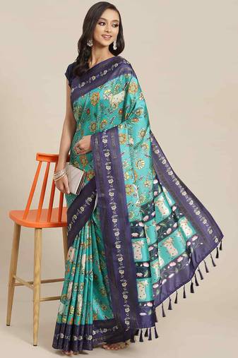 Silk Land  Teal  Printed Art Silk Saree 