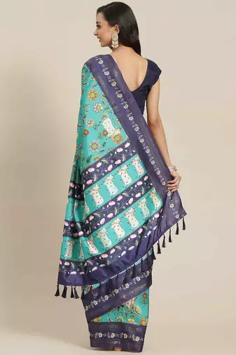 Silk Land  Teal  Printed Art Silk Saree 