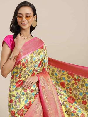 Silk Land  Lime Green  Digital Printed Art Silk Saree  1