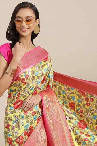 Silk Land  Lime Green  Digital Printed Art Silk Saree 