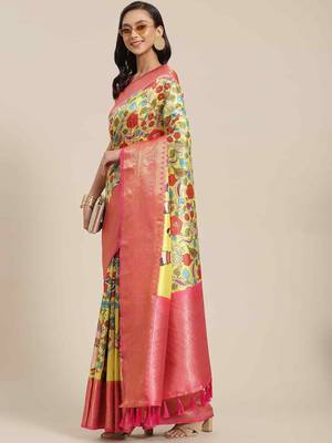 Silk Land  Lime Green  Digital Printed Art Silk Saree  2