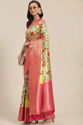 Silk Land  Lime Green  Digital Printed Art Silk Saree 